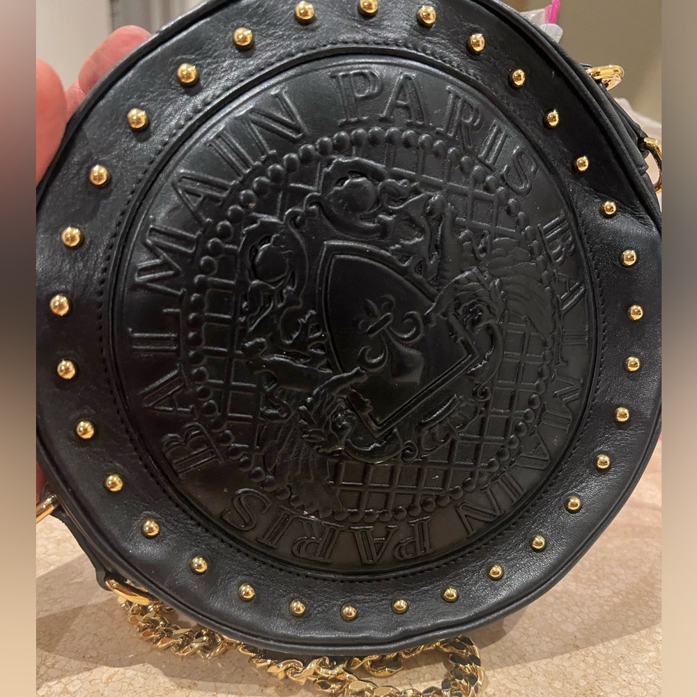 BALMAIN CRESTED ROUND CROSS BODY BAG GOLD HARDWARE STAMPED (Authentic)
